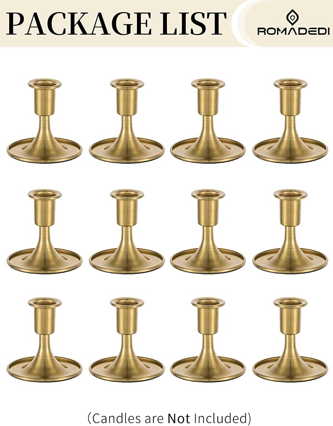 Romadedi Gold Candlestick Candle Holders - Brass Taper Holders Candle Stick for Wedding Table Centerpiece Festive Christmas Mantel Decoration Home Decor, Set of 12