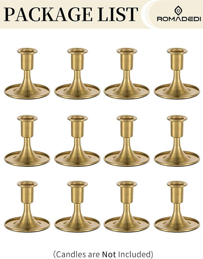 Romadedi Gold Candlestick Candle Holders - Brass Taper Holders Candle Stick for Wedding Table Centerpiece Festive Christmas Mantel Decoration Home Decor, Set of 12