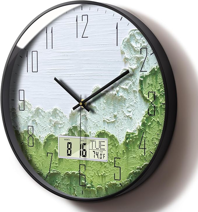 Modern Wall Clock with Temperature Green Forest Large Display Non-Ticking Battery Operated Clock with Date and Week for Kitchen Bedroom Living Room Farmhouse Decor 12 Inch