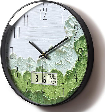 Modern Wall Clock with Temperature Green Forest Large Display Non-Ticking Battery Operated Clock with Date and Week for Kitchen Bedroom Living Room Farmhouse Decor 12 Inch