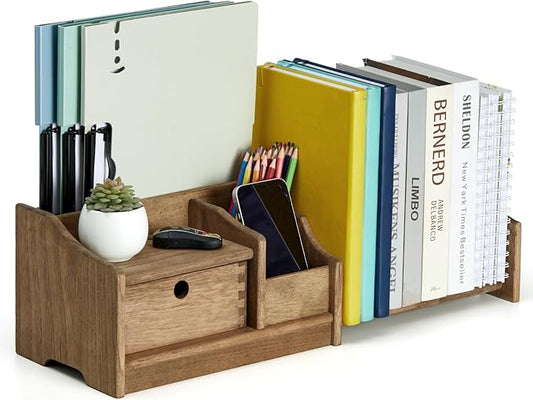 KIRIGEN Desktop Adjustable Organizer Storage Book Shelf with Drawer Wooden Desk Bookcase Workplace Storage Station Expandable Book Rack Fully Assembled SSSJ-S-DBR