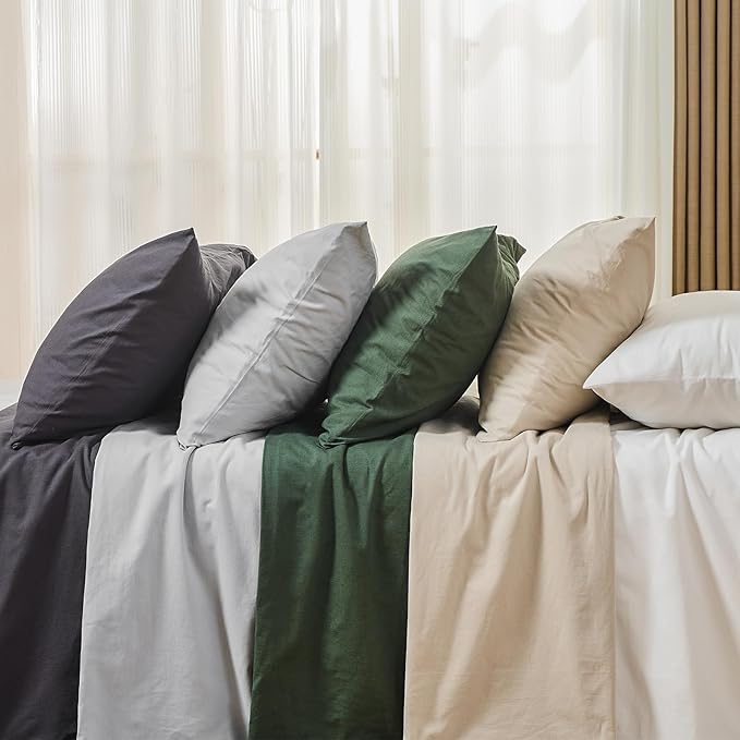 MEISHANG 100% French Pure Linen Sheets Queen Size - Bed Sheets 4 Piece Sets, Soft Durable Flax Linen, Anti-Tear Breathable Oeko-Tex Certified with 16" Deep Pocket (White)