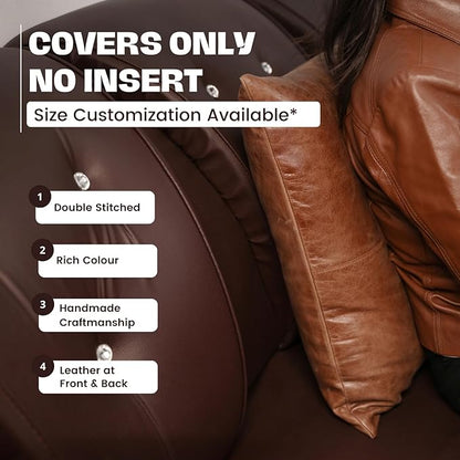 D DOLLY LAMB Lambskin Leather Pillow Cover - Sofa Cushion Case - Decorative Throw Covers for Living Room & Bedroom, 18x18 Inches - Tan & Brown Plain Pack of 2