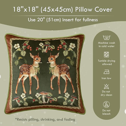 Grandmillennial Holly Deer Green Pillow Cover, Velvet Euro Sham Covers Decorative Throw Pillow Covers 18x18 for Couch Sofa Bed Living Room, Christmas & Holiday
