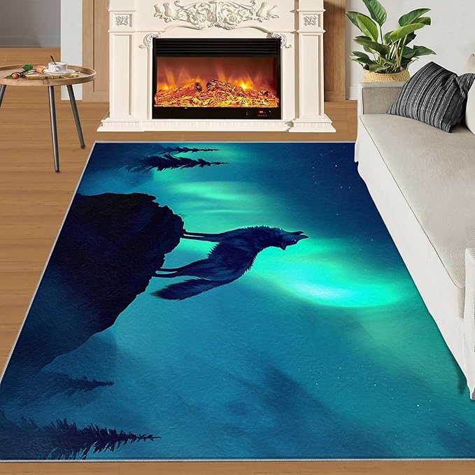 Wolf 3x4 Area Rugs for Living Room -Forest Washable Rug Aurora Non-Slip Carpet Indoor Floor Stain Resistant Thin Carpets for Bedroom Dining Room Home Office