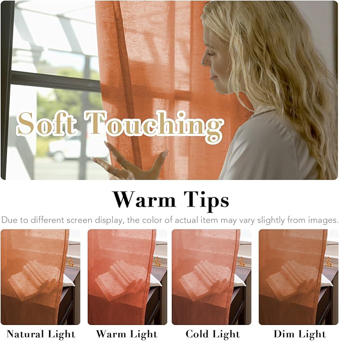 H.VERSAILTEX Linen Curtains Natural Linen Blended Curtain for Living Room/Light Reducing Linen Semi Sheer Curtains 2 Panels Set Nickel Grommet Window Panels (52x108 Inch, Orange)