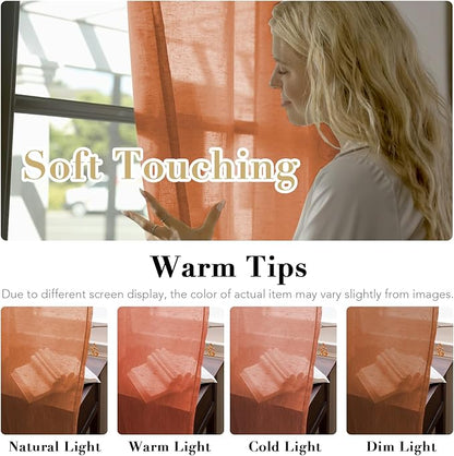 H.VERSAILTEX Linen Curtains Natural Linen Blended Curtain for Living Room/Light Reducing Linen Semi Sheer Curtains 2 Panels Set Nickel Grommet Window Panels (52x108 Inch, Orange)