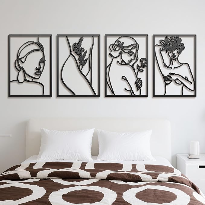 Eilopaa 4 Pack Black Wall Art Décor for living room, Metal Minimalist Abstract Wall Décor bathroom, Single Line Woman's Body Shape Modern Wall Art, Size 17 X 11.8 inches