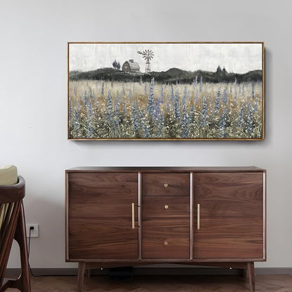 Framed Canvas Wall Art for Living Room Rustic Farmhouse Scenery Vintage Countryside Windmill Barn Picture Nature Wilderness Landscape Wildflower Field Meadow Print Painting Retro Artwork 48"W x 24"H