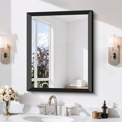 Black Bathroom Mirror 24 x 30 Inch Rectangle Wave Beveled Frame for Wall Bathroom Vanity Mirror for Over Sink, Tempered Glass,for Entryway Hangs, Bathroom Living Room Horizontal or Vertical