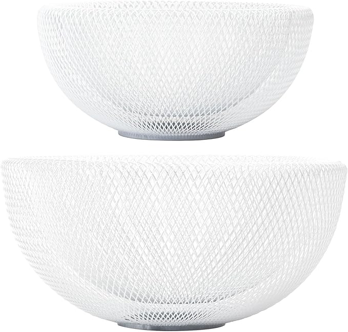 IBWell Metal Wire Woven Fruit Storage Bowl Basket for Kitchen, Large Black Mesh Fruit Stand, for Apple, Pineapple, Banana, Orange, Lemon, Pear, Strawberry, Watermelon (White, Normal & Large)