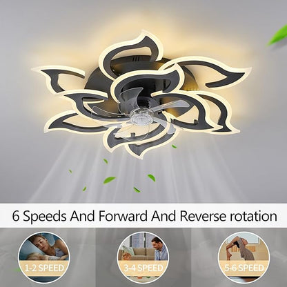 38" Black Geometric Ceiling Fan with Lights, 6 Speeds Flower Low Profile Flush Mount Ceiling Fan for Living Room