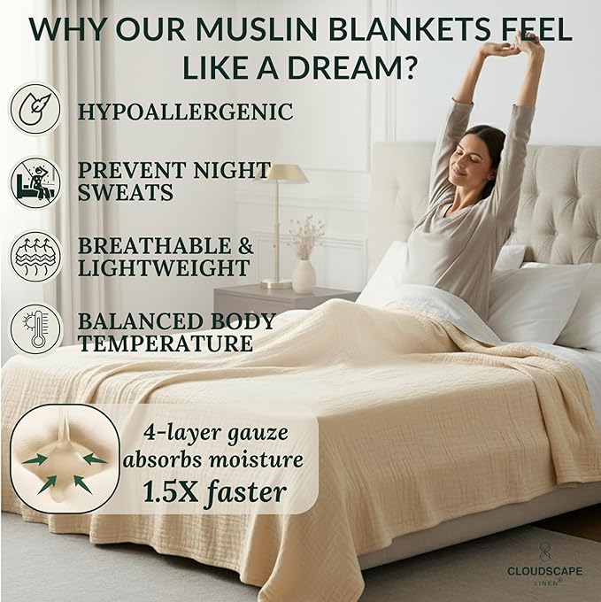 Luxury 100% Cotton Muslin Blanket Queen Size, 4 Layer Oversized 90x90 Fits Upto Full Size Bed, Layering Winter Blankets for Bed, Soft Cotton Gauze Quilt, All Season Ivory Bedding