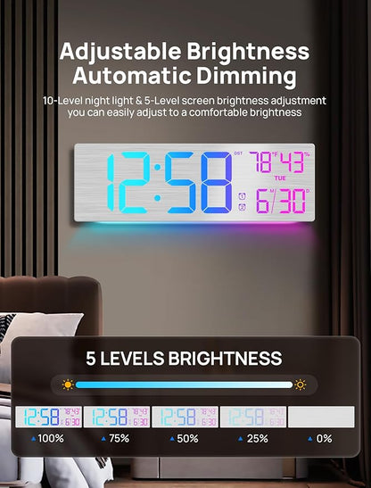 18.5" Large Digital Wall Clock with Remote Control, Big LED Display Digital Clocks with Night Light, Alarm, Countdown, DST, Temp, Date for Living Room, Bedroom, Office, Gift for Seniors(Silver)
