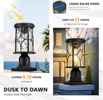 zeyu Outdoor Solar Column Light with Pier Mount, Exterior Post Lighting Fixture with Remote, Die-Cast Aluminum with Water Ripple Glass Shade, Black Finish, ZX48P-WG SL BK