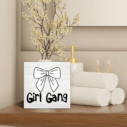 Coquette Trendy Bow Wood Box Sign Desk Decor, Preppy Girl Gang Decor, Girly Balletcore Wooden Block Sign Decorations for Home Girly Bedroom College Dorm Living Room Wall Tabletop Shelf Decor