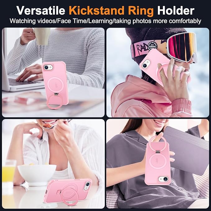 Compatible with iPhone 16E Case with Invisible Magnetic O-Ring Stand Military-Grade Translucent Case for iPhone 16E 6.1" 2025 [Compatible with Mag-Safe][Great Grip Feeling], Pink
