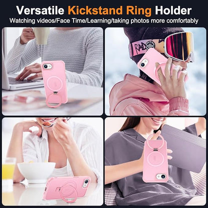 Compatible with iPhone 16E Case with Invisible Magnetic O-Ring Stand Military-Grade Translucent Case for iPhone 16E 6.1" 2025 [Compatible with Mag-Safe][Great Grip Feeling], Pink