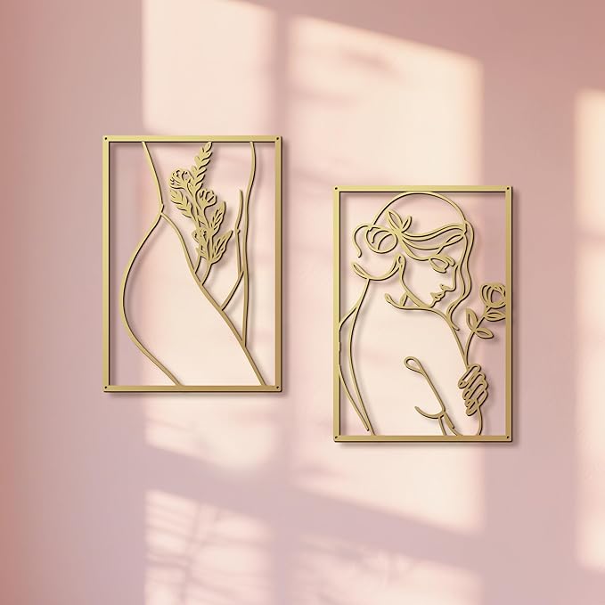 Eilopaa 4 Pack Gold Wall Art Décor for living room, Metal Minimalist Abstract Wall Décor bathroom, Single Line Woman's Body Shape Modern Wall Art, Size 17 X 11.8 inches