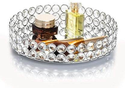 Feyarl Crystal Perfume Tray Cosmetic Makeup Vanity Tray Jewelry Trinket Organizer Mirrored Decorative Tray for Home Deco Christmas Birthday Gift(Round 10" inch) (Silver)