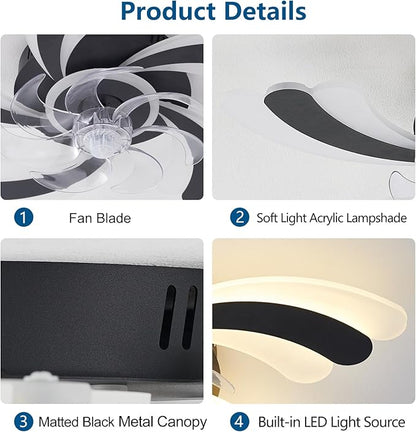 Ceiling Fan with Lights Remote Control, Black Modern Ceiling Fan with Light, 3 Light Color 6 Speeds Low Profile Flush Mount Ceiling Fan for Kitchen Bedroom Living Room