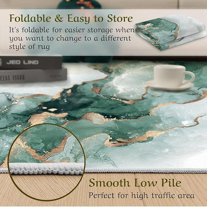 Nordic Luxury Green Gold Marble Area Rug, Marble Painting Ombre Emerald Green Print Large Rugs, Machine Washable Breathable Durable Carpet for Front Entrance Floor Living Room Decor,3 x 4ft