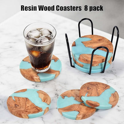 Drink Coaster Set, Wooden Absorbent Coasters, Epoxy Resin Coaster for Coffee Table, Tabletop Protection Decor, Modern Coasters Set of 8 with Holder