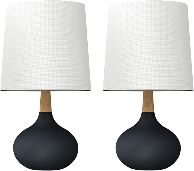 14" Ceramic Table Lamp Set of 2 with Natural Wood Stem & Linen Shade for Bedroom Decor,Modern Farmhouse Small Bedside Lamp for Nightstand, Living Room & Office (Black)