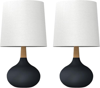 14" Ceramic Table Lamp Set of 2 with Natural Wood Stem & Linen Shade for Bedroom Decor,Modern Farmhouse Small Bedside Lamp for Nightstand, Living Room & Office (Black)