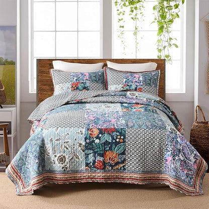 Cotton Bedspread Quilt Bedding Sets Reversible Coverlet Sets 3 Pieces Vintage Floral Blue Teal Patchwork Bedspread, Queen Size