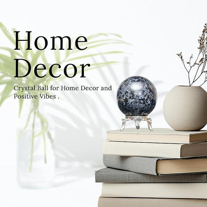 Crocon 45mm Indigo Gabbro Stone Sphere Ball with Metal Stand 1400+ Carats Gemstone Ball Healing Sphere Sculpture Figurine for Fengshui Divination Home Decoration Photography Crystal Sphere