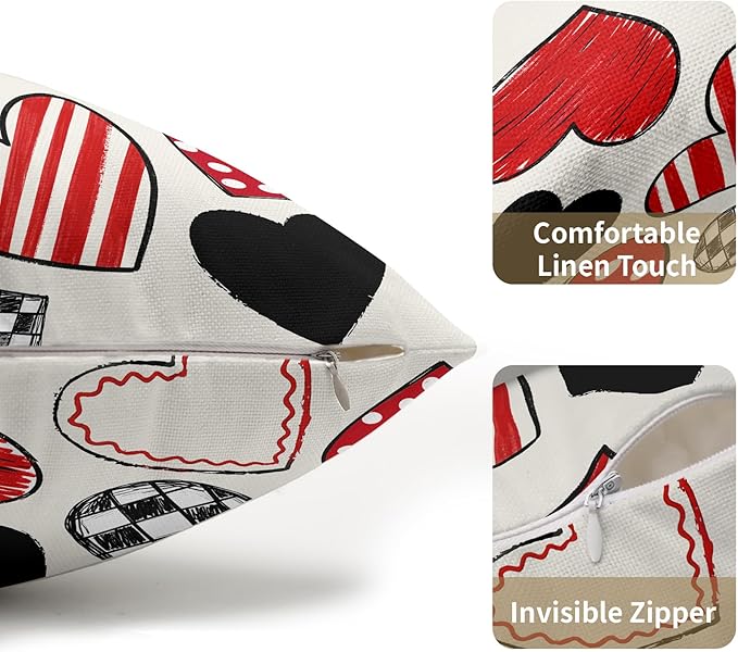 Valentines Day Pillow Covers 12x20 Set of 2 Black Red Heart Throw Pillow Covers Love Pillowcase Linen Decoration Farmhouse Holiday Cozy Soft Cushion Case Couch for Indoor Outdoor Home Decor