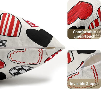 Valentines Day Pillow Covers 12x20 Set of 2 Black Red Heart Throw Pillow Covers Love Pillowcase Linen Decoration Farmhouse Holiday Cozy Soft Cushion Case Couch for Indoor Outdoor Home Decor