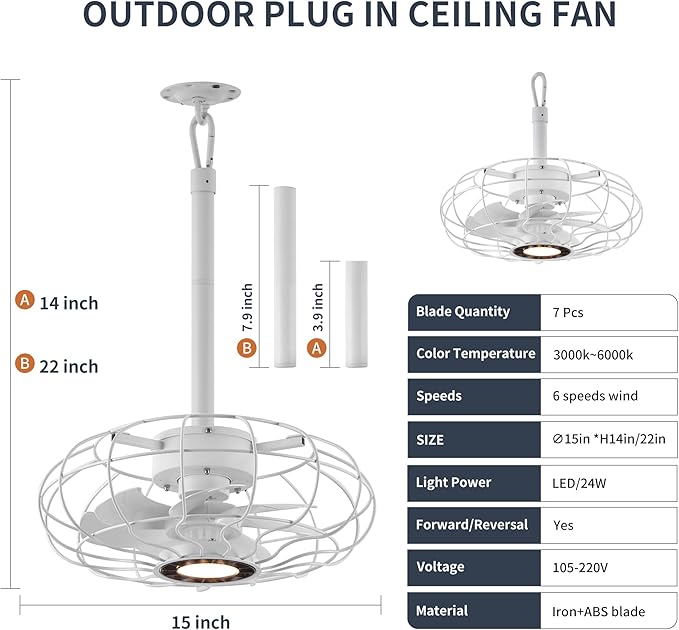 15" Outdoor Ceiling Fan with Light, with Remote and App Remote, IP65 Waterproof Gazebo Hanging Fan, 3CCT Dimmable, Portable Plug in Ceiling Fan with Cord Hook for Patio Porch Pergola Indoor(White)