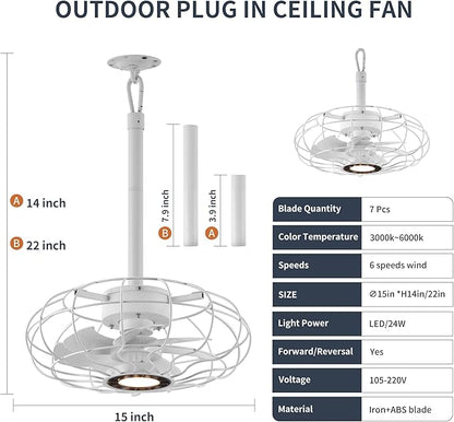 15" Outdoor Ceiling Fan with Light, with Remote and App Remote, IP65 Waterproof Gazebo Hanging Fan, 3CCT Dimmable, Portable Plug in Ceiling Fan with Cord Hook for Patio Porch Pergola Indoor(White)