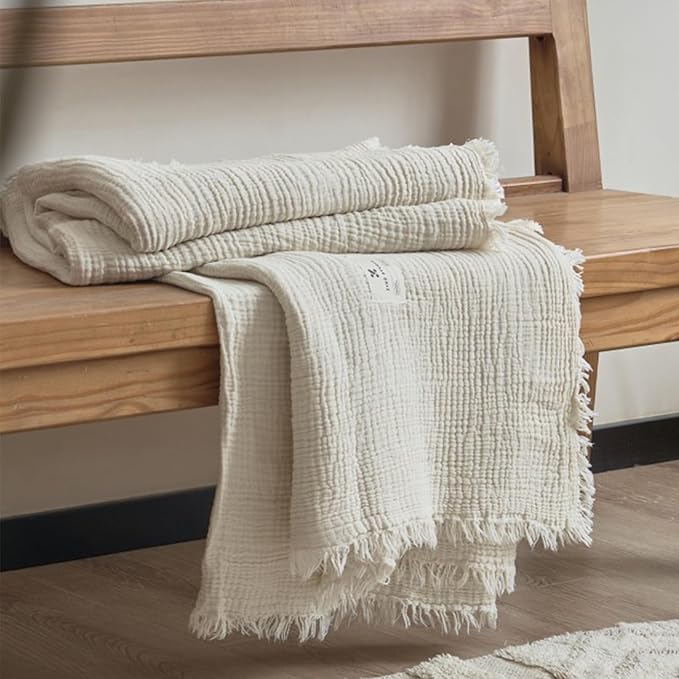 MorroMorn 100% Cotton Muslin Blanket with Fringes Twin Size 60"x80", 4-Layer Gauze Blankets for Adults, Boho Bedding Breathable Lightweight Ultra-Soft for Couch Bed All Seasons, Linen Beige