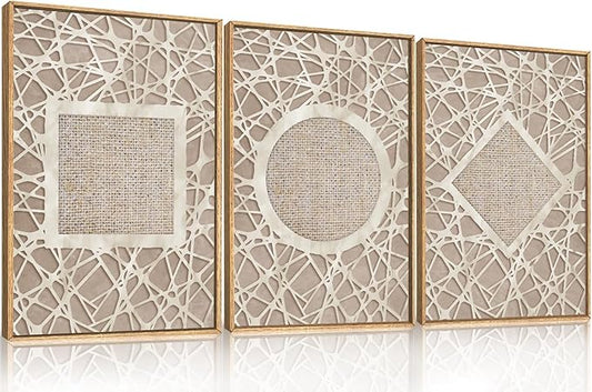 Large Boho Neutral Geometric Framed Canvas Wall Art,Modern Circle Square and Rhombus Wall Decor,Minimalist Shapes Artwork,Abstract Mid Century Art Print For Living Room,Bedroom,Office-16"x24"x3