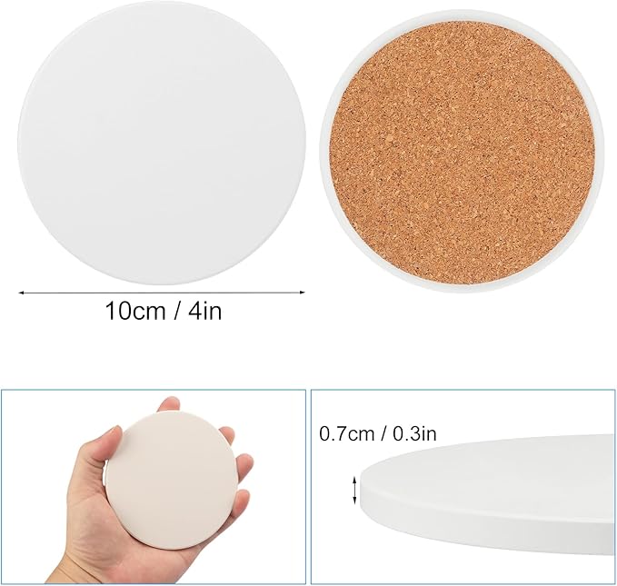 GNIEMCKIN 60 Pieces 4 Inch Round Blank Ceramic Coasters, Unglazed Ceramic Tiles Coasters, Ceramic Tiles with Cork Backing Pads for Painting, DIY Crafts, Mosaics, Circular, White.