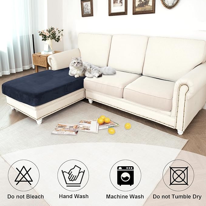 NAISI Waterproof Couch Cushion Covers Thick Velvet Fabric Washable Sofa Slipcovers 1 Piece Individual Sectional Couch Covers with Elastic Bottom(1 PC for Chaise Lounge,Navy)