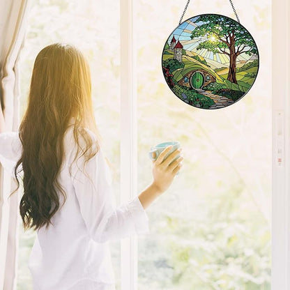 Shire Sun Catcher 7.87'' Stained Glass Window Hanging Gifts for Countryside Lover Women Scenery Wall Decor Handmade Sun Catcher Decoration for Home Garden Housewarming Gifts