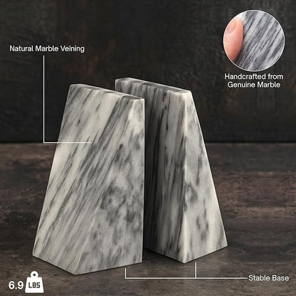 Bey-Berk Harold Carrera Marble Bookends (Grey, Set of 2), 4" x 2.5" x 6" Wedge Book Ends, 6.45 lb Solid Stone Desk and Shelf Decor