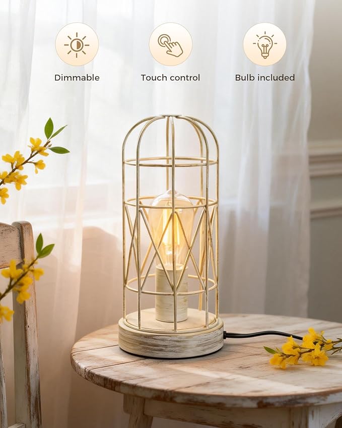 Unique Industrial Cage Table Lamp with Touch Control & Dimmable Light - 28" Metal Mesh Desk Lamp with 3-Way Dimmer, E26 Socket, Includes LED Bulb, White