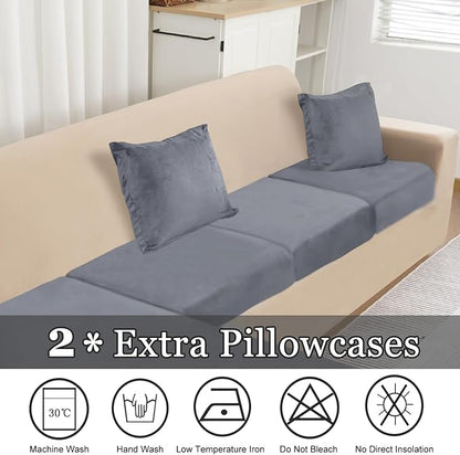 NAISI Sectional Couch Cover 4 Pieces Velvet Separate Couch Cushion Covers L Shape Soft Stretch Sofa Slipcovers with 2pcs Pillowcases for Left/Right Chaise Sectional Couch(3 Seater+1 Chaise,Dark Grey)