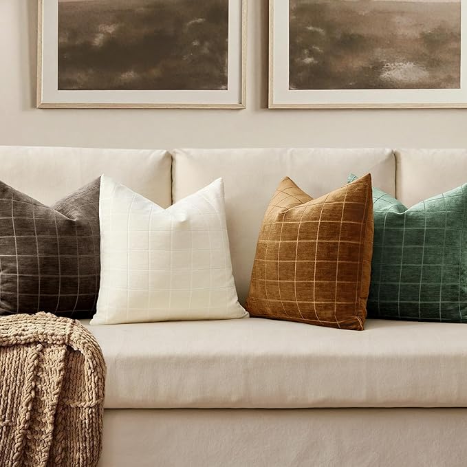 MIULEE Decorative Chenille Check Lumbar Throw Pillow Covers Vintage Plaid Couch Pillows 12x20 Inch Set of 2 Neutral Boho Cushion Covers Modern Spring Home Decor for Sofa Bed Living Room Moss Green