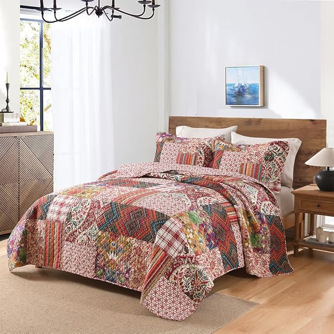 Cotton Bedspread Quilt Sets Reversible Bedding Coverlet Sets 3 Pieces Gorgeous Vintage Damask Red Patchwork Bedspread, King Size