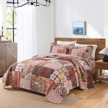 Cotton Bedspread Quilt Sets Reversible Bedding Coverlet Sets 3 Pieces Gorgeous Vintage Damask Red Patchwork Bedspread, King Size