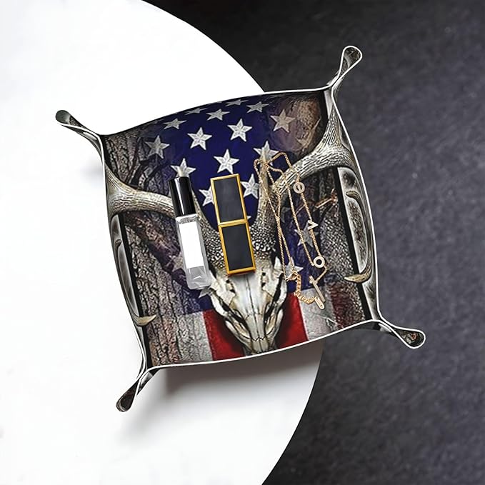 Valet Tray for Men Husband Boyfriend – Catchall Bedside Vanity Tray, Nightstand Caddy Leather Holder for Keys, Phone, Wallet, Coins, Trinkets & Jewelry Deer Skull Camo American Flag 022