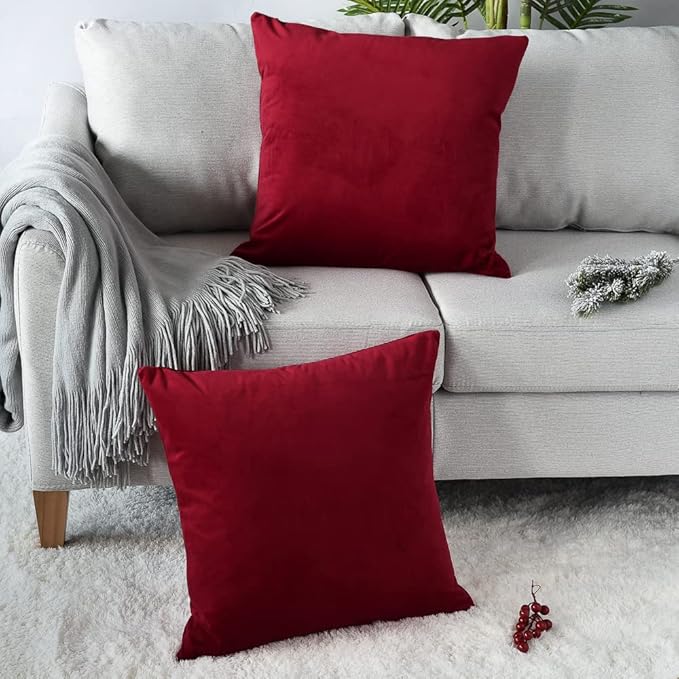Set of 2 Comfortable Throw Pillow Covers for Bedding, Decorative Accent Cushion Sham Cases for Couch Sofa, Soft Solid Velvet with Zipper Hidden - 16"x16", Deep Red