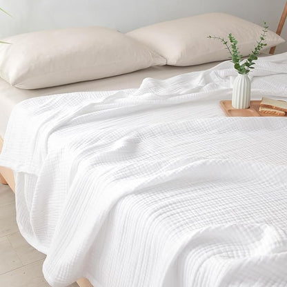 PHF 100% Cotton Muslin Blanket Twin XL Size 66"x90", 4-Layer Lightweight Gauze Throw, Breathable Cloud-Soft Minimalist Blanket for Bed, Couch, Camping & Baby, White, Ideal Gift