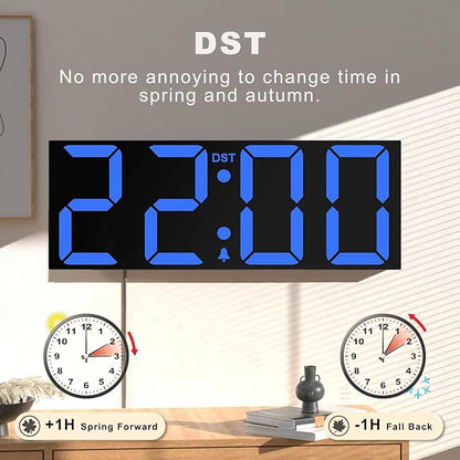 JALL 22'' Large Digital Wall Clock, Big LED Number Dispaly, DST, Night Light for Classroom, Living Room, Bedroom, Mounted, Birthday Xmas Gift for Senior, Mem Womem Mom Dad, Blue